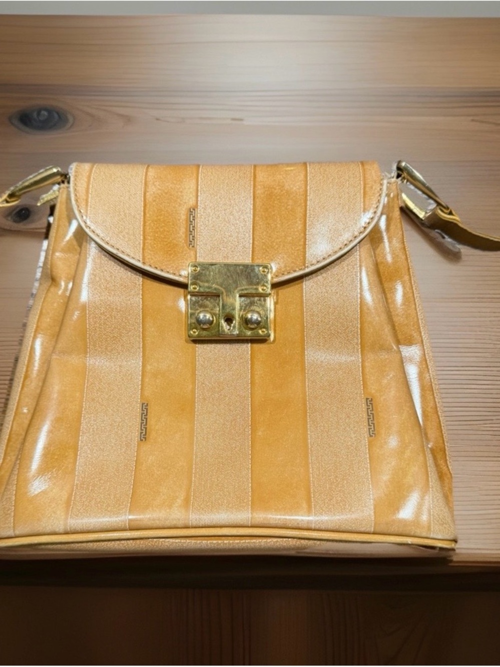 Sondra Roberts Tan Striped Shoulder Bag with Gold Hardware